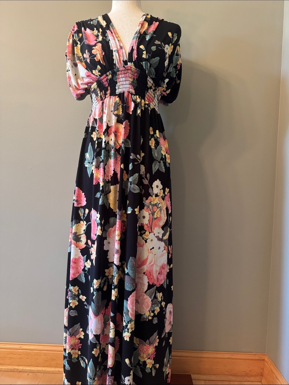 Emerald Black Maxi Dress with Pink, Coral & Green Floral Print Maternity - Picture 2 of 9